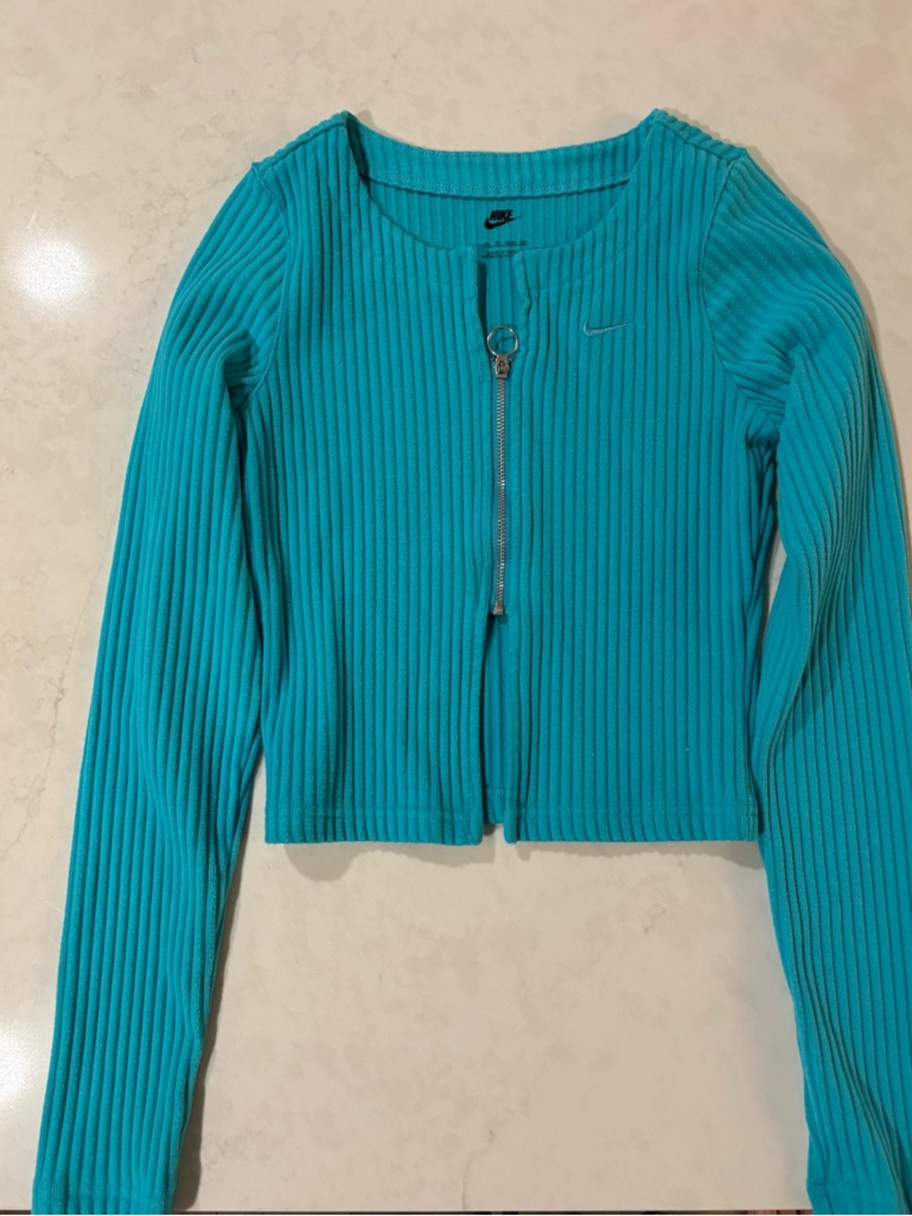 Nike Ribbed Zip-Front Long Sleeve Top - Teal Blue